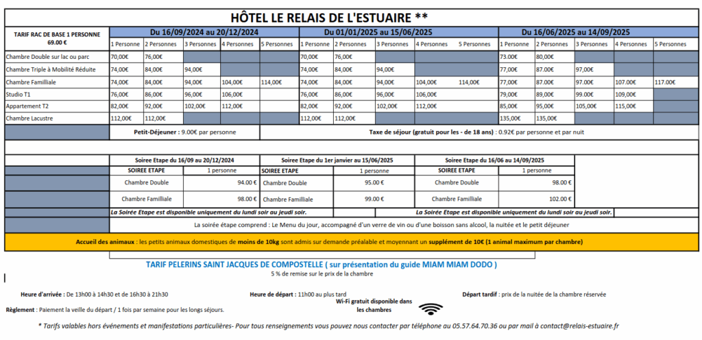Tarifs de l'hôtel de l'estuaire